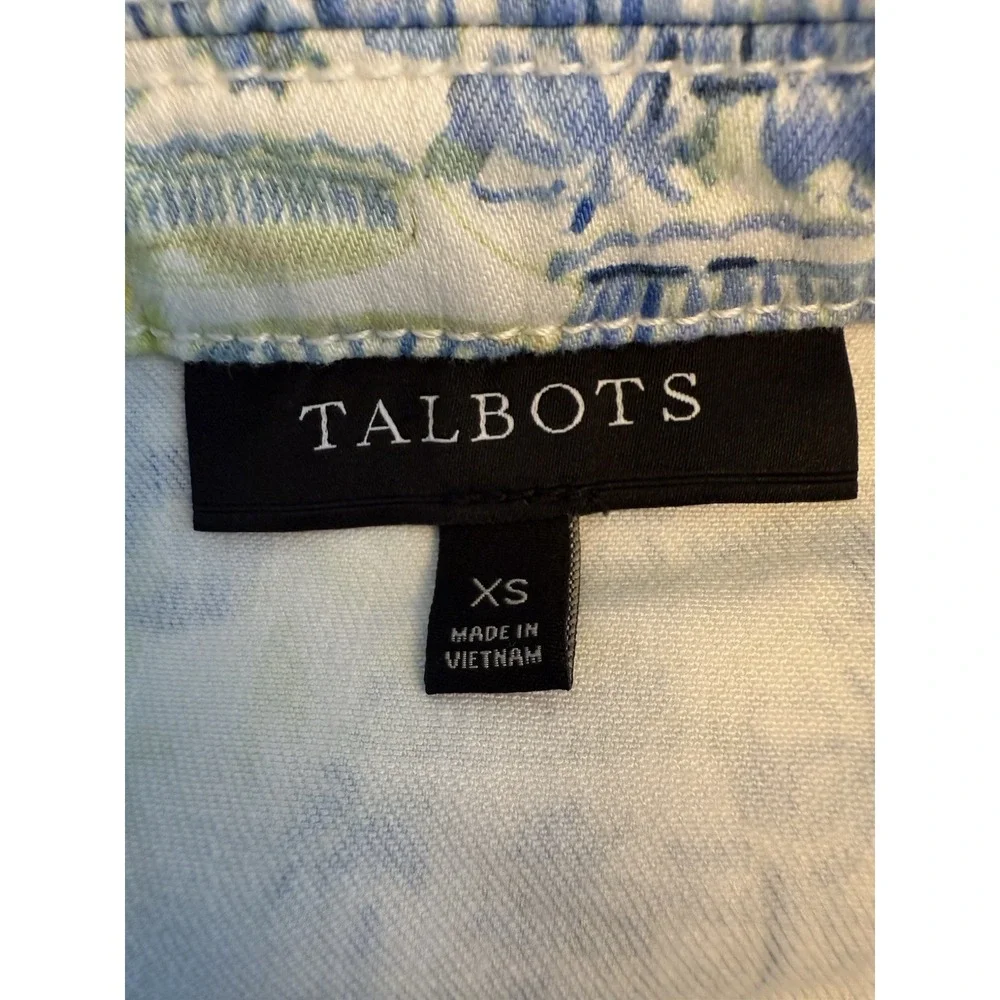 Talbots Printed Jean Jacket XS Blue Green Watercolor Vases Button Front Parisian